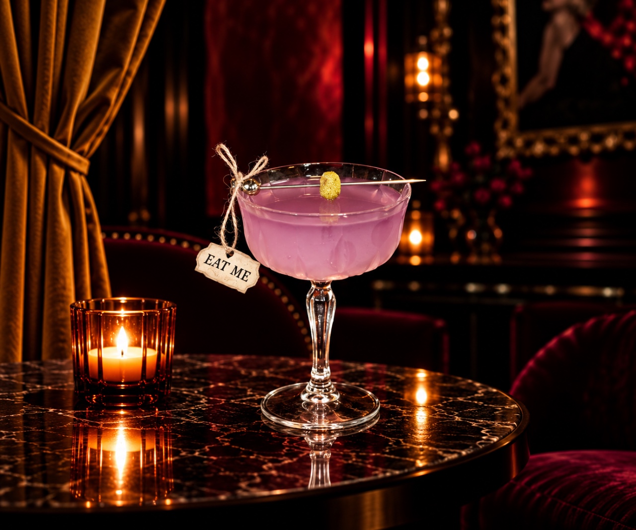 A Bad Rabbit cocktail, shot dark and close on marble.